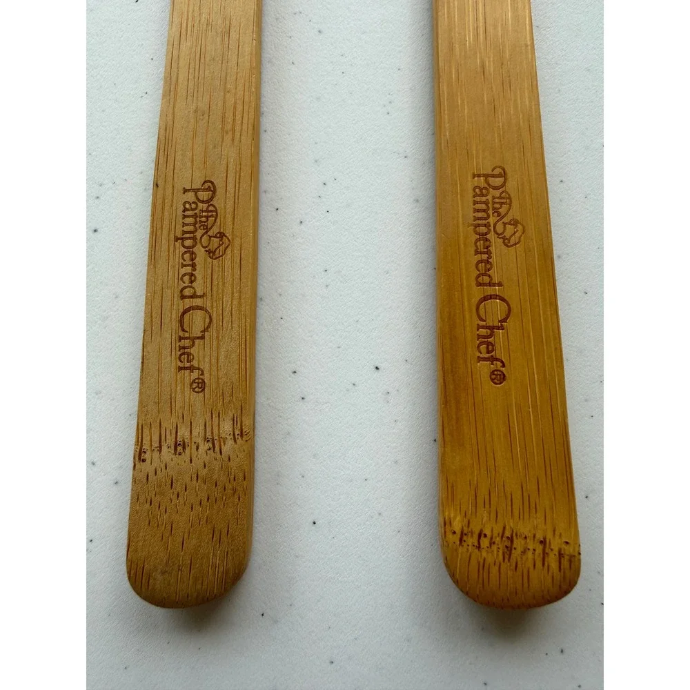 Vintage Pampered Chef Bamboo Wooden Spoons Set of 2 Slotted Kitchen Utensils 12